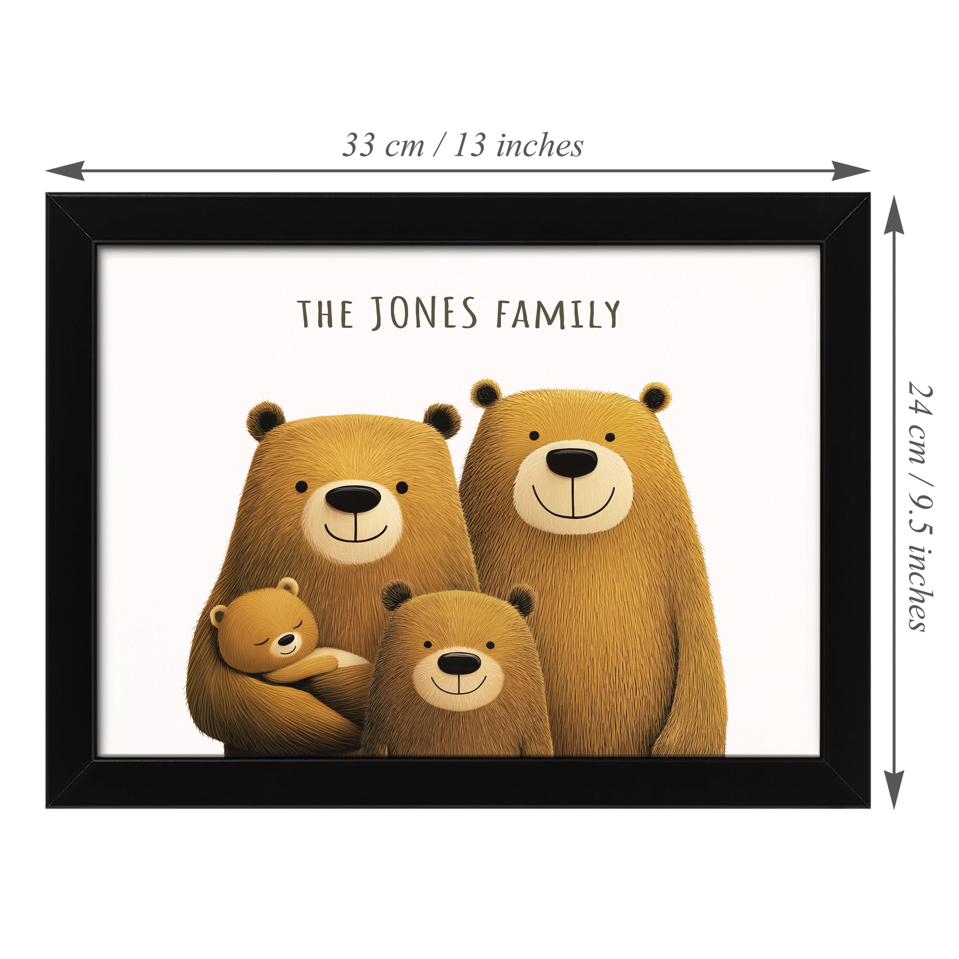 Personalised framed bear family portrait print. Measuring 33cm x 24 cm.