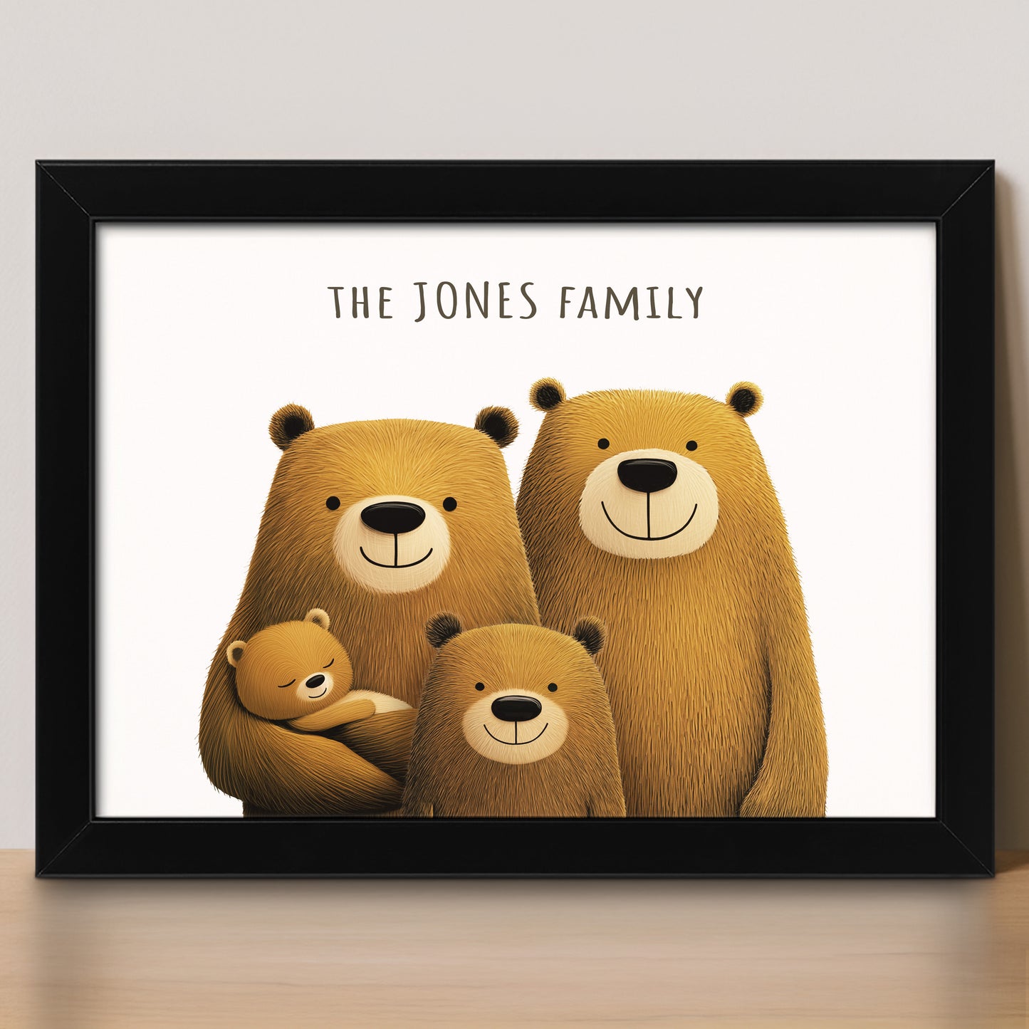 Personalised framed bear family portrait print on a shelf.