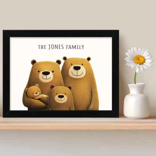 Personalised framed bear family portrait print on a shelf with a flower in a vase