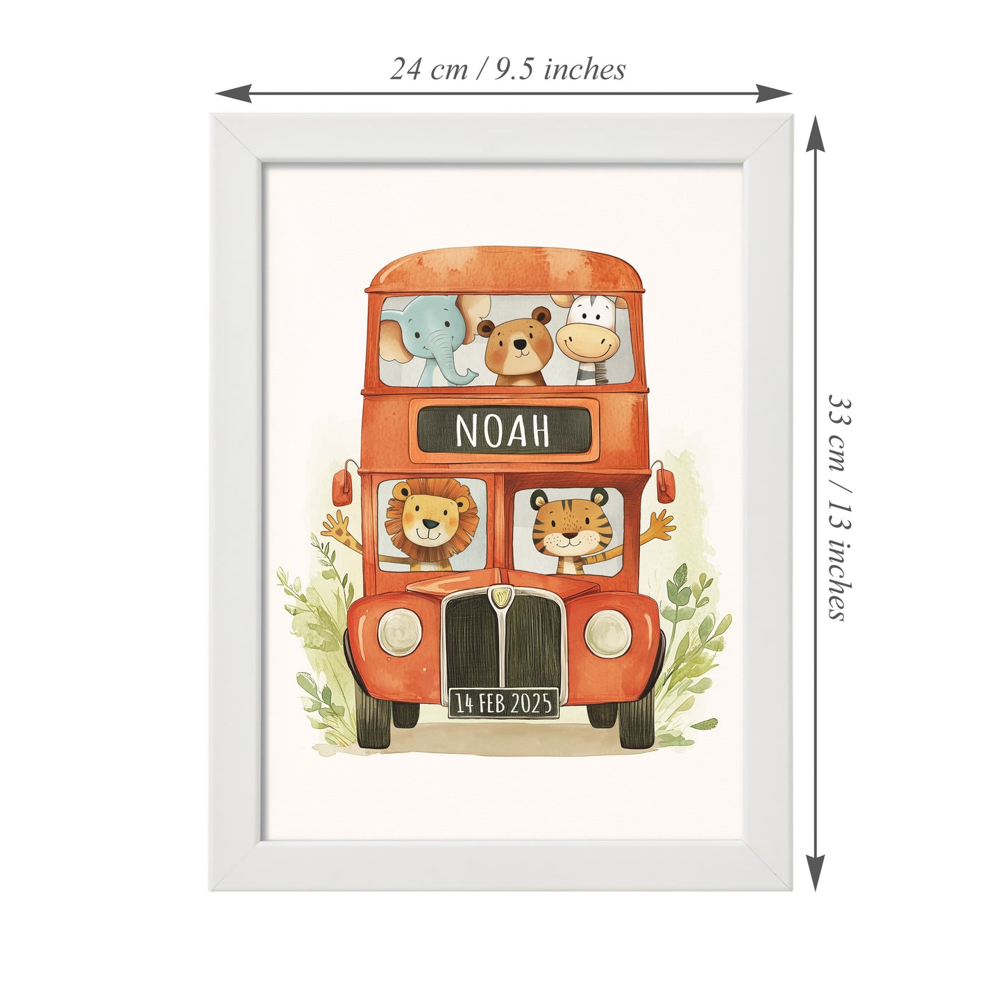 Personalised framed children's name print of London bus featuring safari jungle animals. Measuring 33cm x 24 cm.