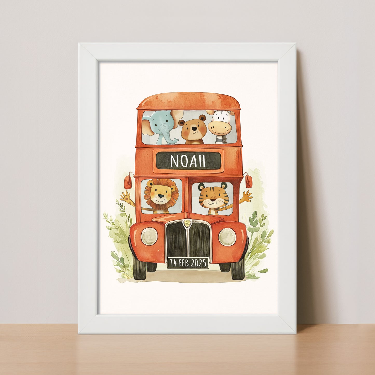 Personalised framed children's name print of London Bus with safari and jungle animals