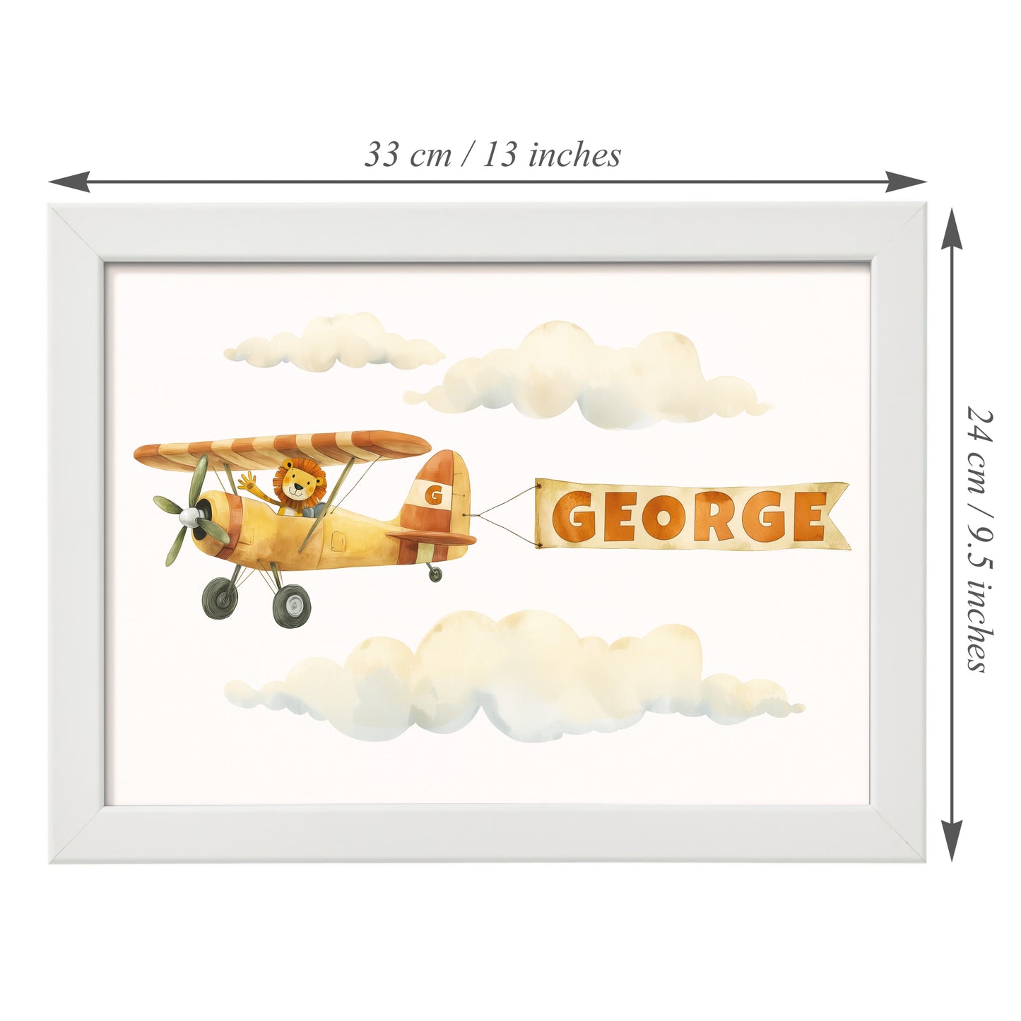Framed artwork of a yellow airplane with a bear pilot and personalised name banner. Measuring 33cm x 24cm.