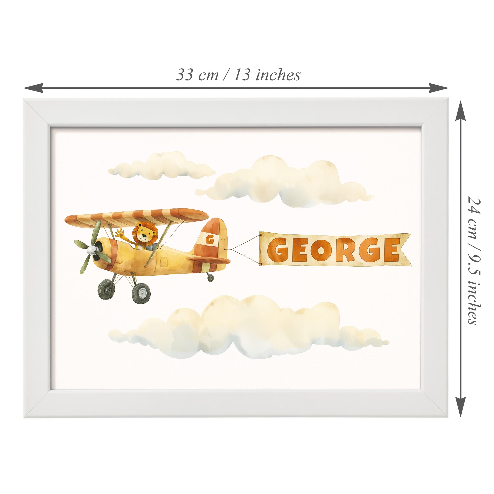 Framed artwork of a yellow airplane with a bear pilot and personalised name banner. Measuring 33cm x 24cm.