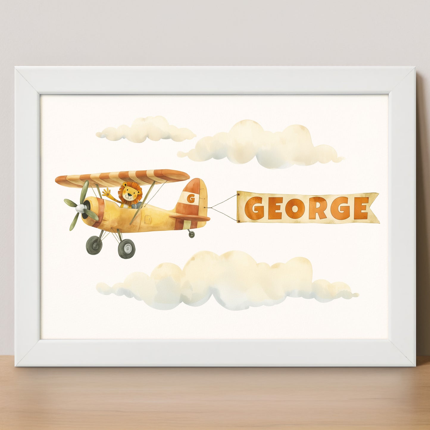 Framed artwork of a yellow airplane with a bear pilot and personalised name banner.