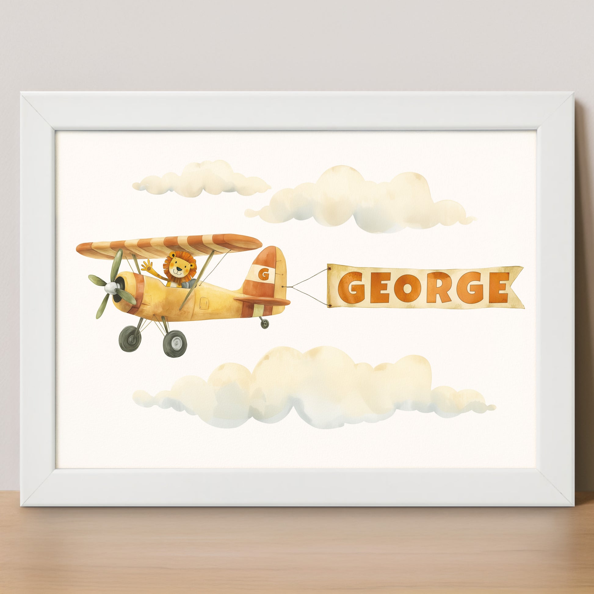 Framed artwork of a yellow airplane with a bear pilot and personalised name banner.