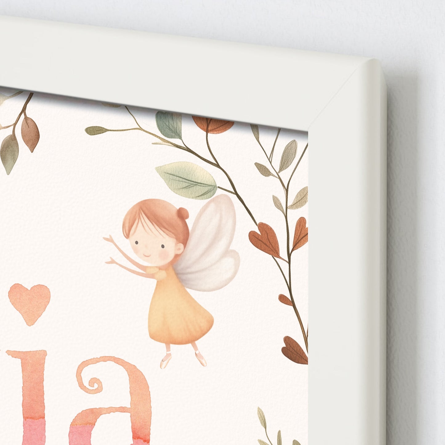Close up detail of personalised framed children's name print in a fairy theme