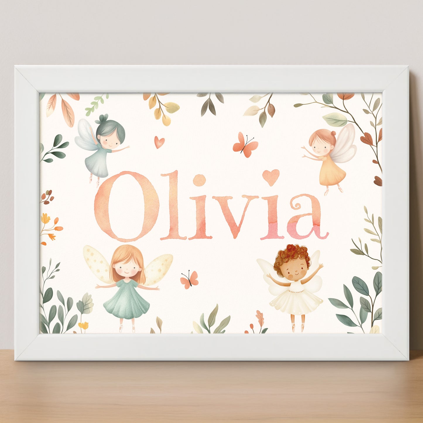 Framed children's wall art personalised with child's name in a fairy theme