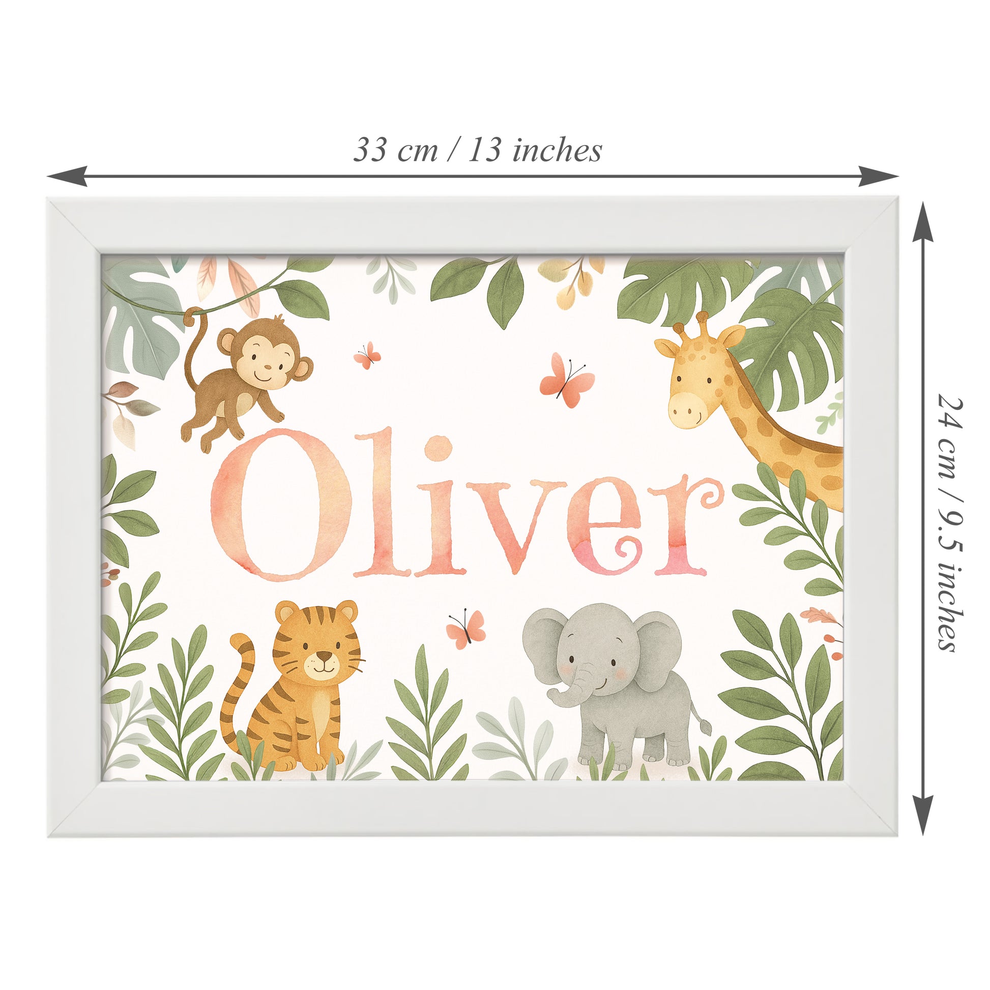 Personalised framed children's name print with animal illustrations in a jungle safari theme. Measuring 33cm x 24 cm.