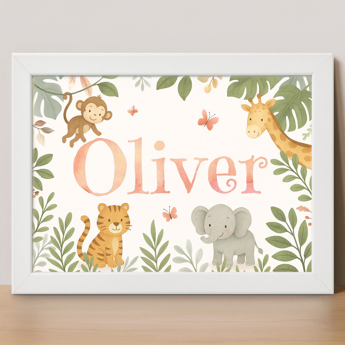 Framed children's wall art personalised with child's name with animal illustrations in a jungle safari theme