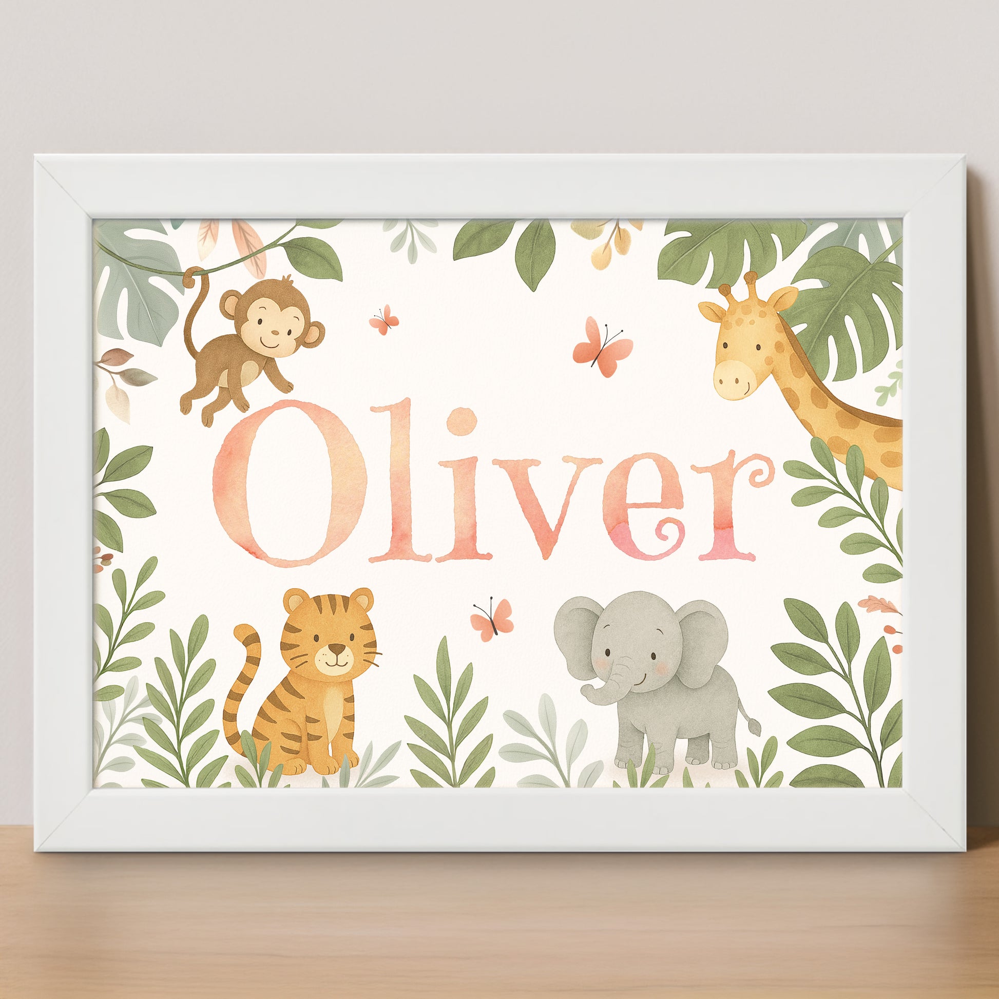 Framed children's wall art personalised with child's name with animal illustrations in a jungle safari theme