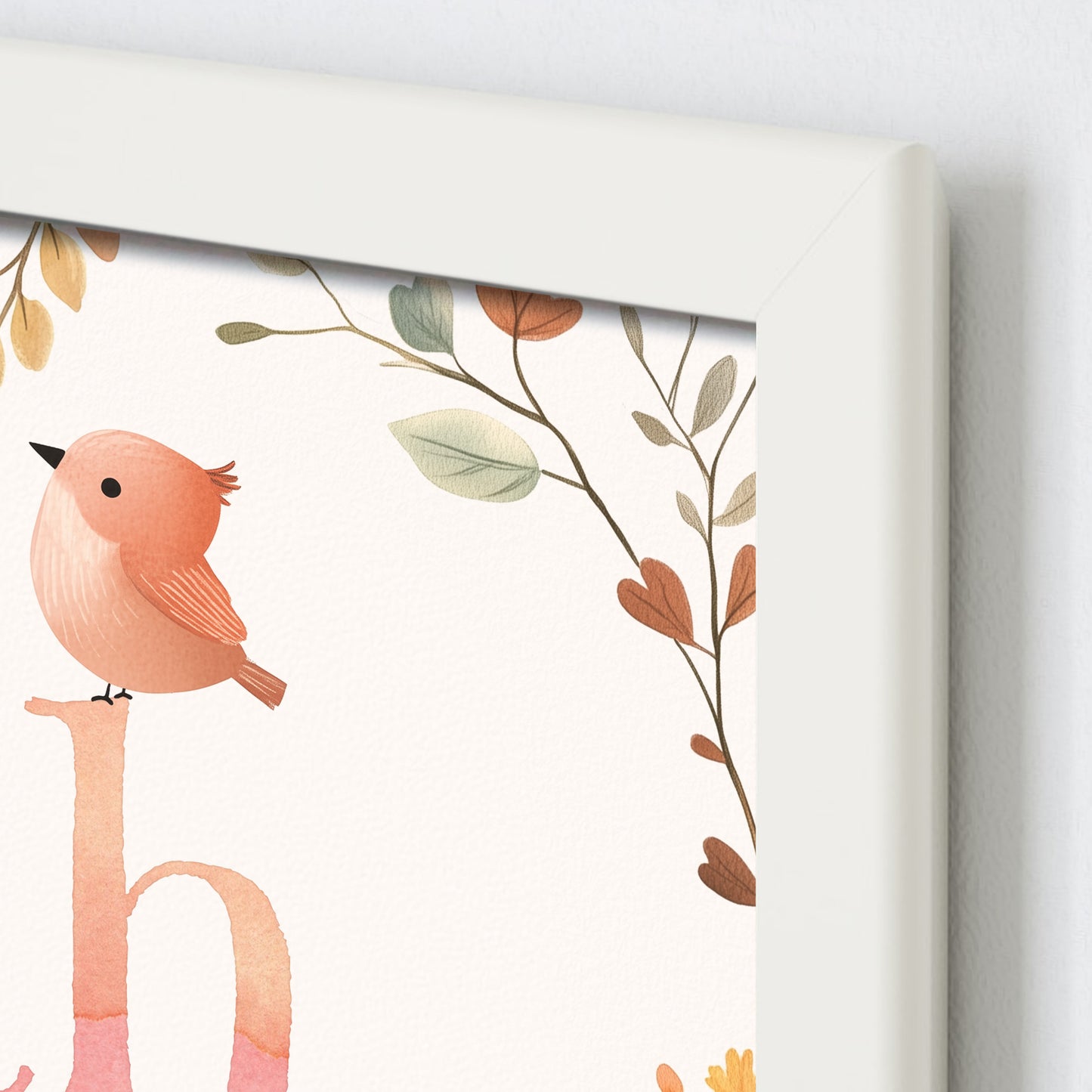 Close up detail of personalised framed children's name print with nature illustrations with birds and butterflies in a woodland theme