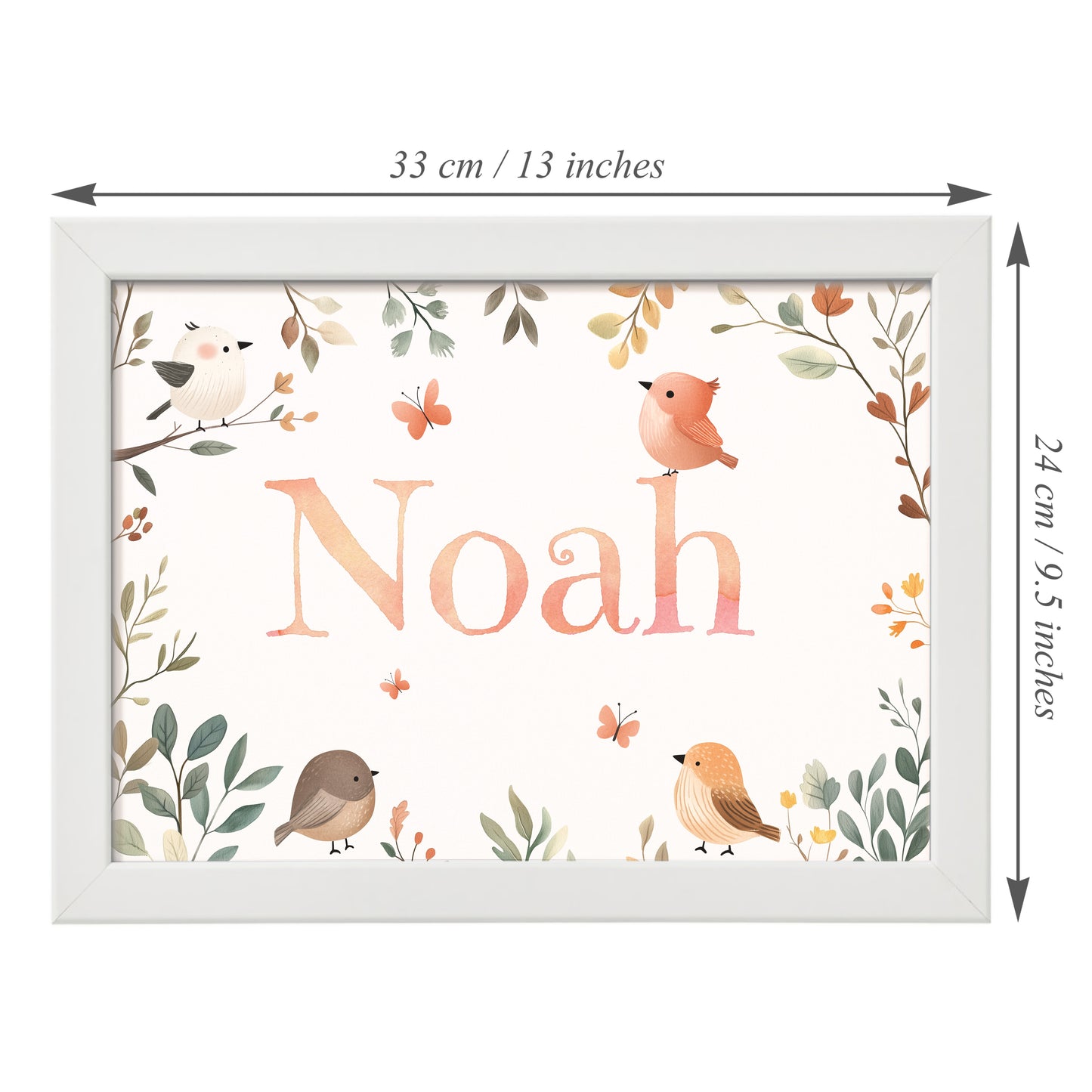 Personalised framed children's name print with nature illustrations with birds and butterflies in a woodland theme. Measuring 33cm x 24 cm.