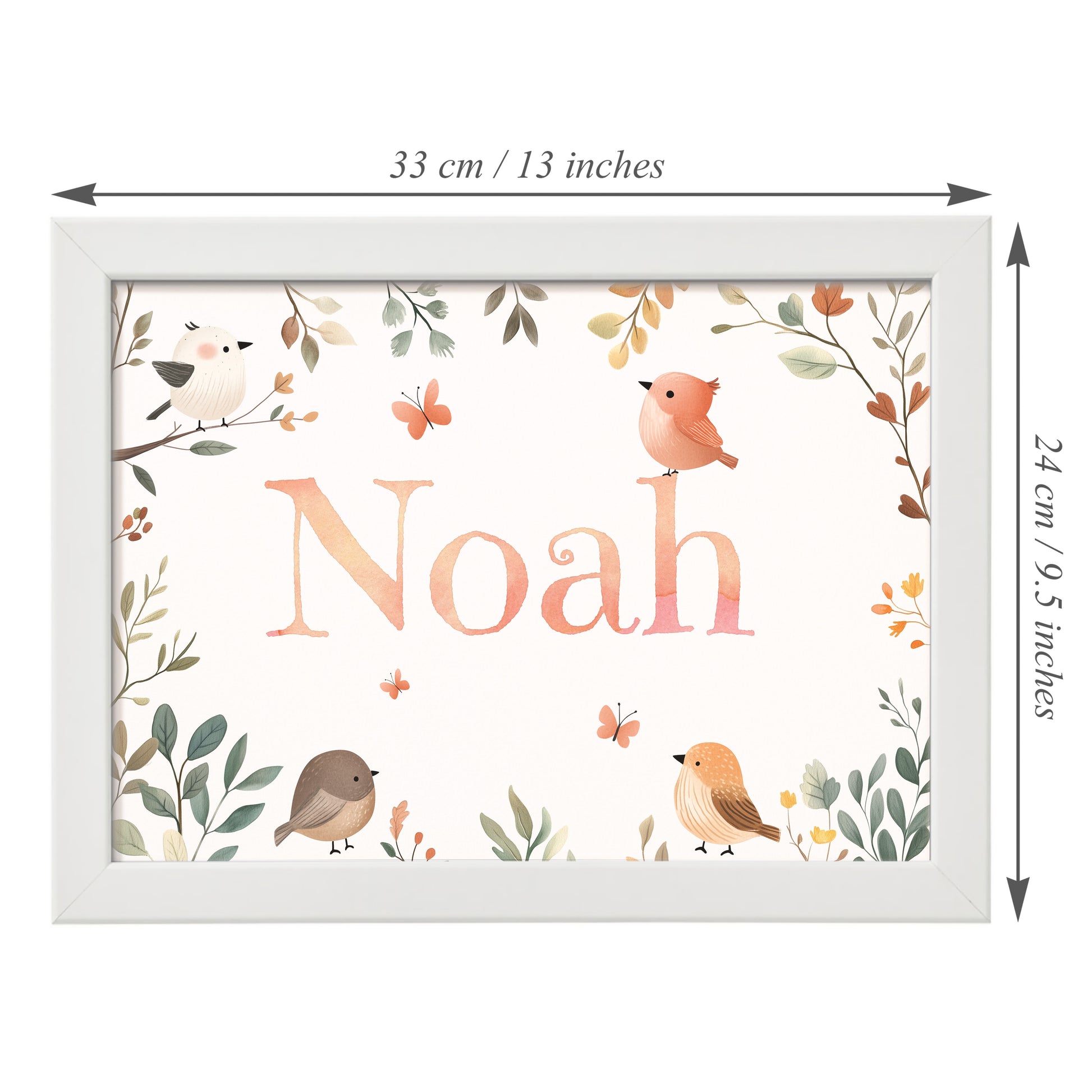 Personalised framed children's name print with nature illustrations with birds and butterflies in a woodland theme. Measuring 33cm x 24 cm.