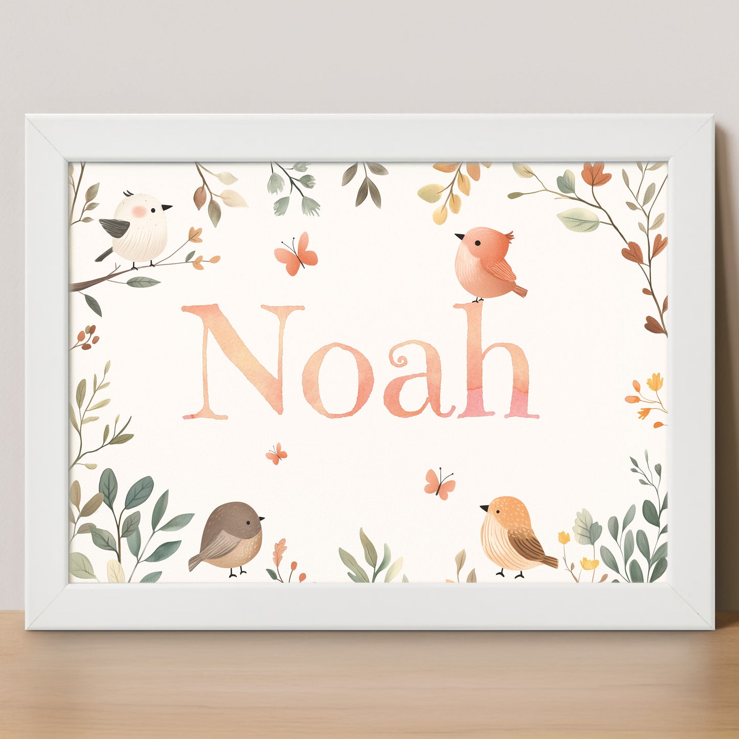 Framed children's wall art personalised with child's name with nature illustrations with birds and butterflies in a woodland theme