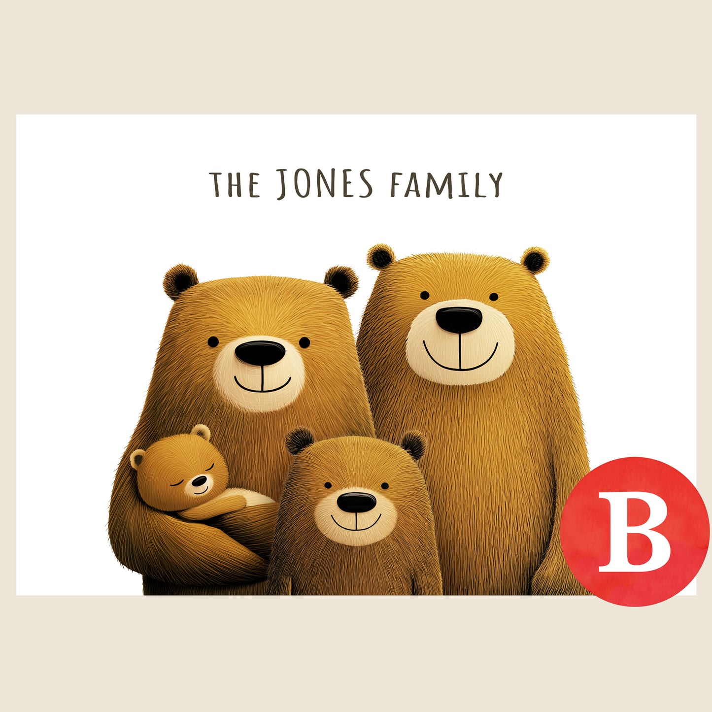 Illustration of one bear cub and one baby bear with two parent bears