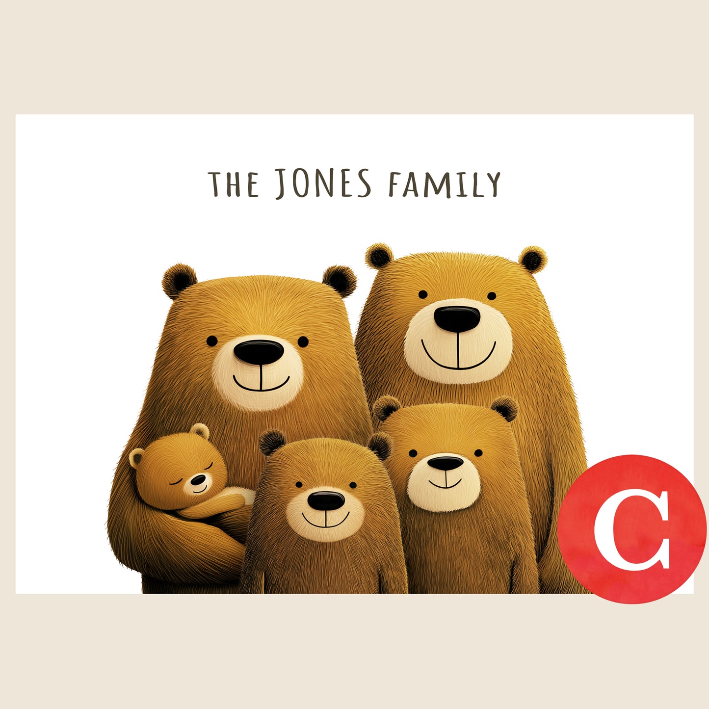 Illustration of two bear cubs and one baby bear with two parent bears