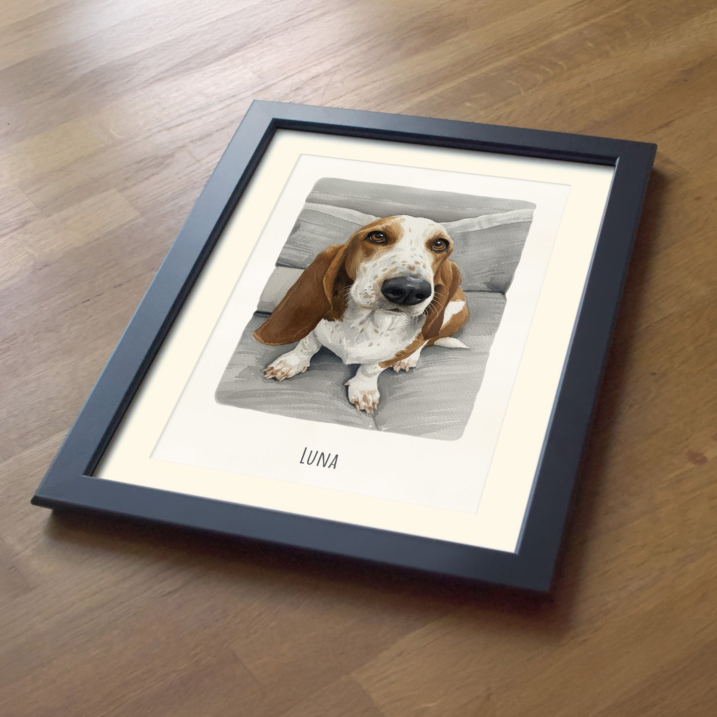 Painting of Pet from Photo with the Pet's Name on a Table