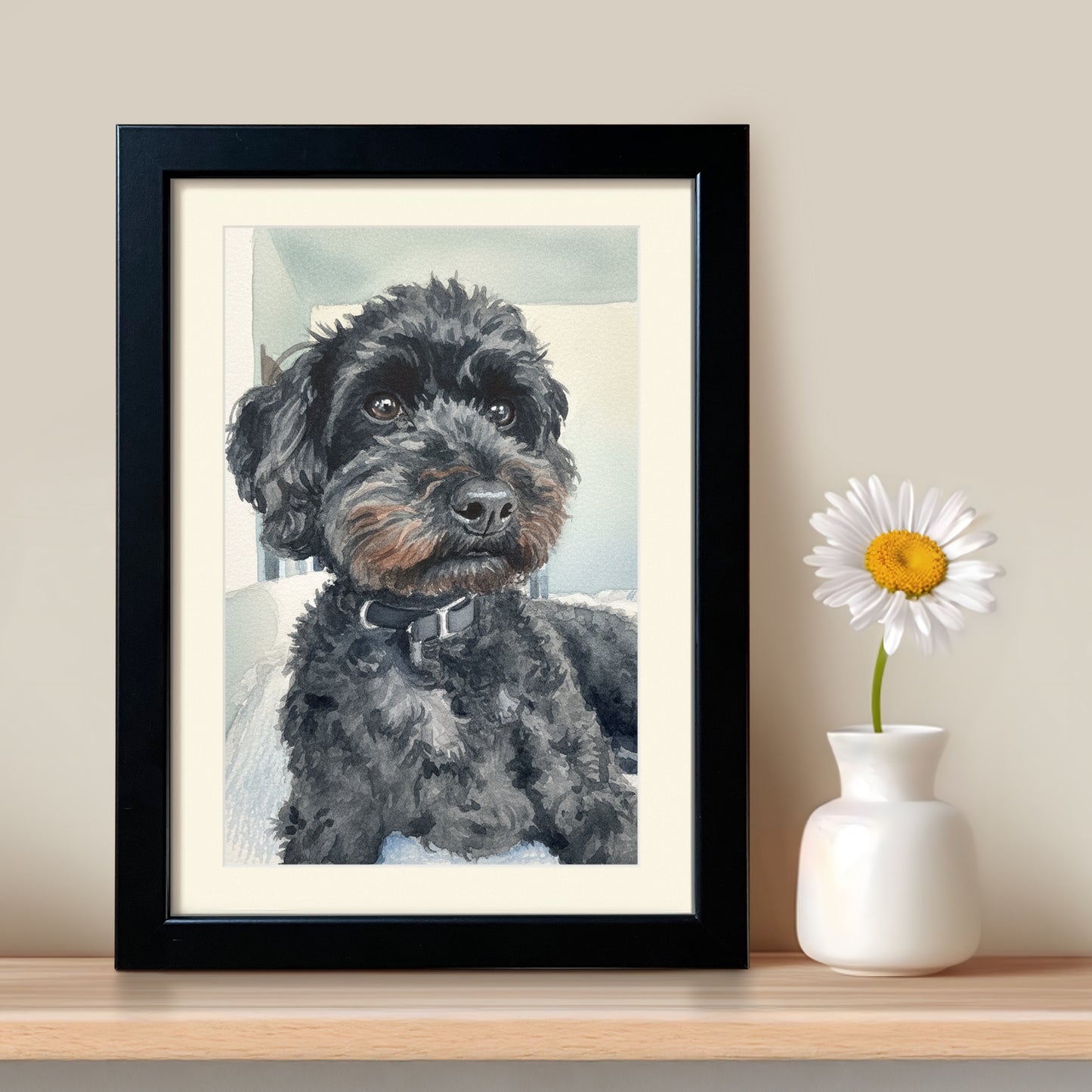 Painting of Pet from Photo on a shelf