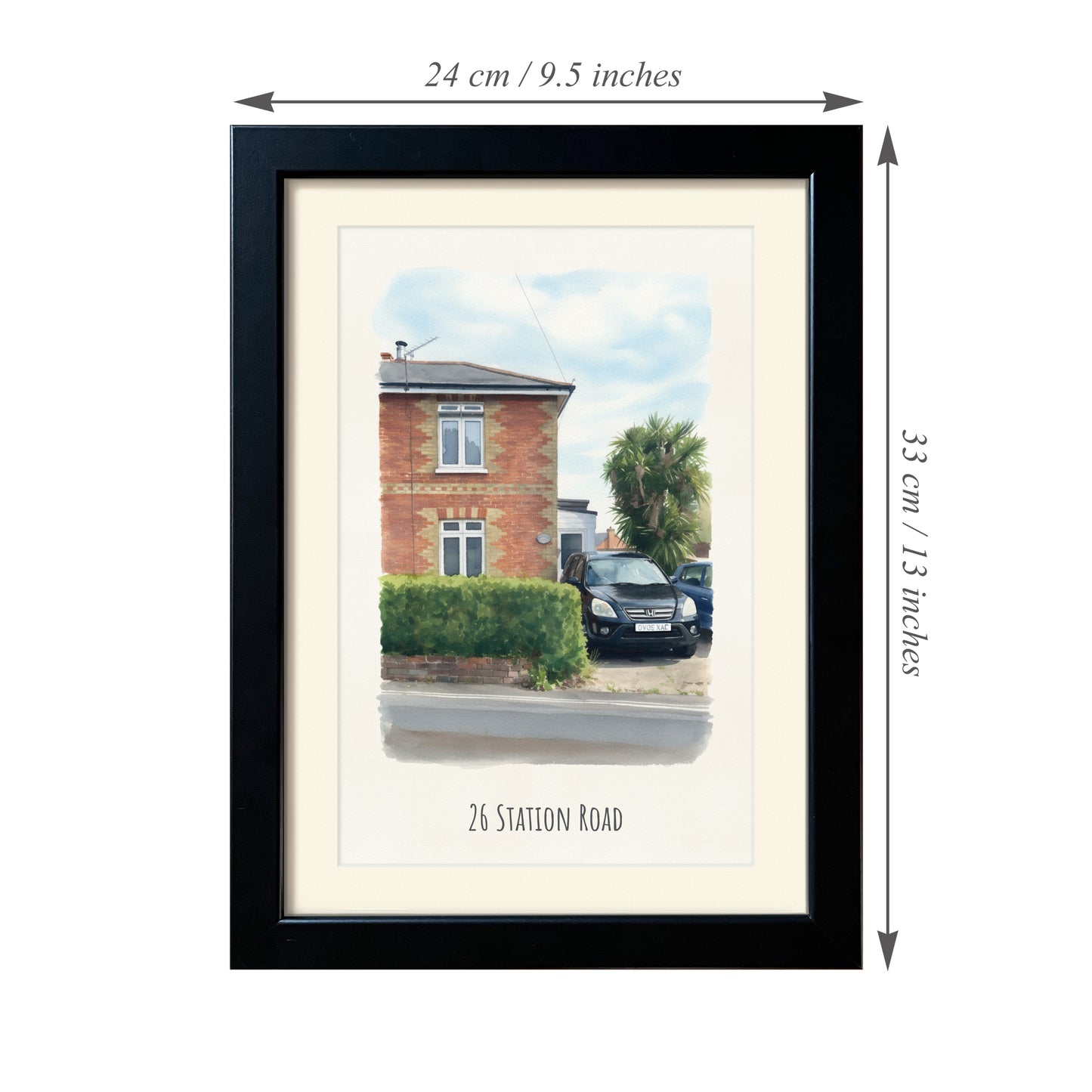 Painting of House from Photo in Frame with Measurements. 24cm x 33 cm