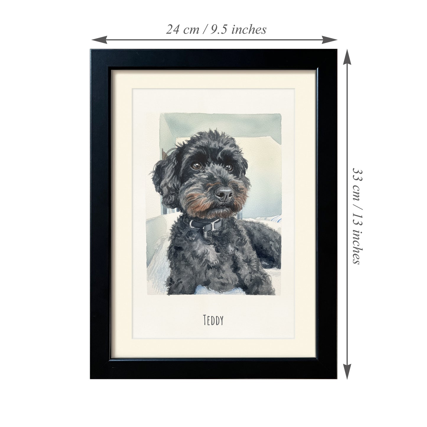 Painting of Pet from Photo in Frame with Name and Measurements. 24cm x 33 cm