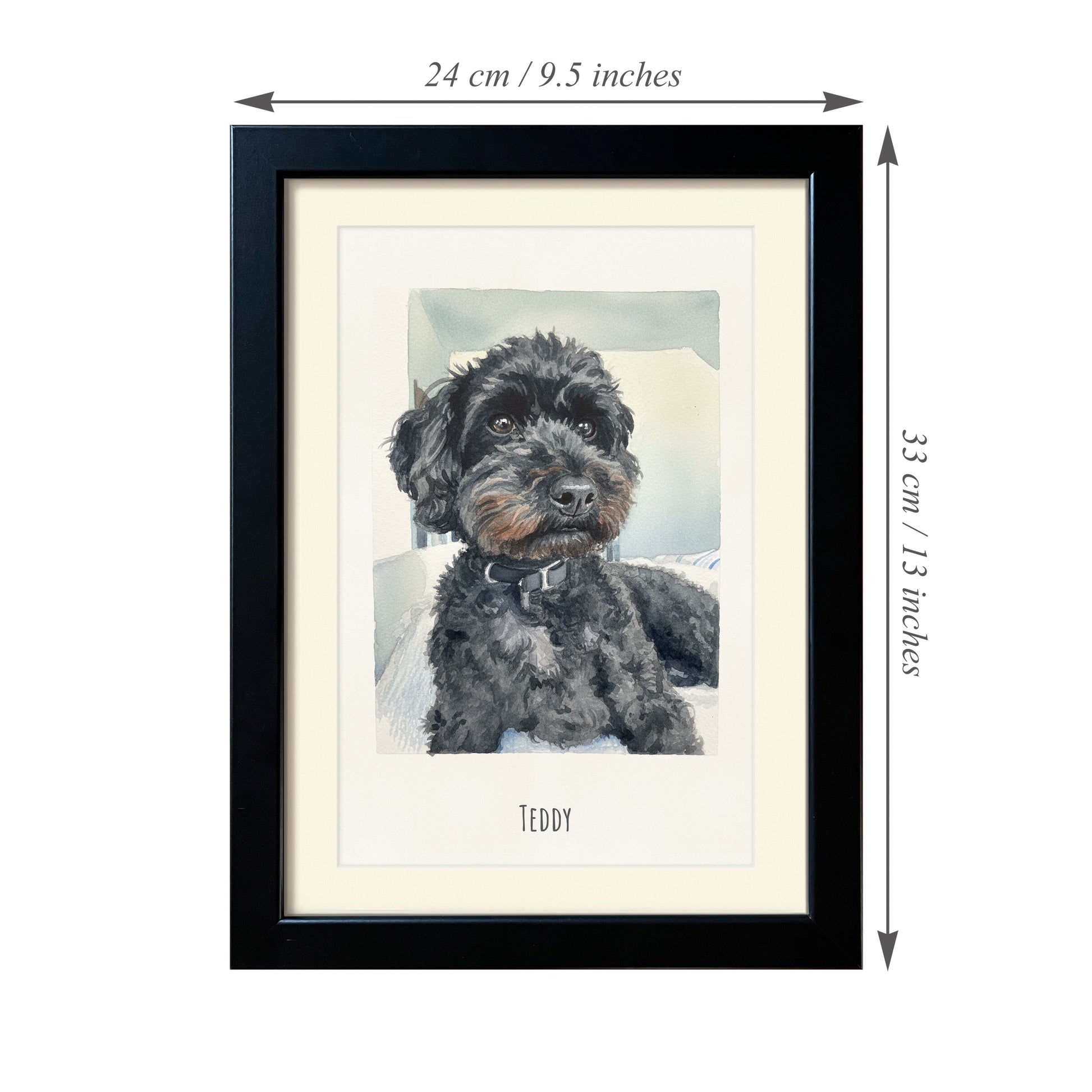Painting of Pet from Photo in Frame with Name and Measurements. 24cm x 33 cm