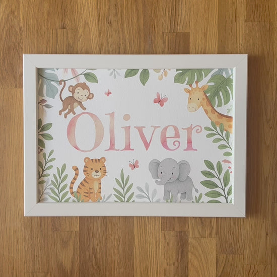 Video of Personalised Framed Children's Name Print in a Safari and Jungle Theme