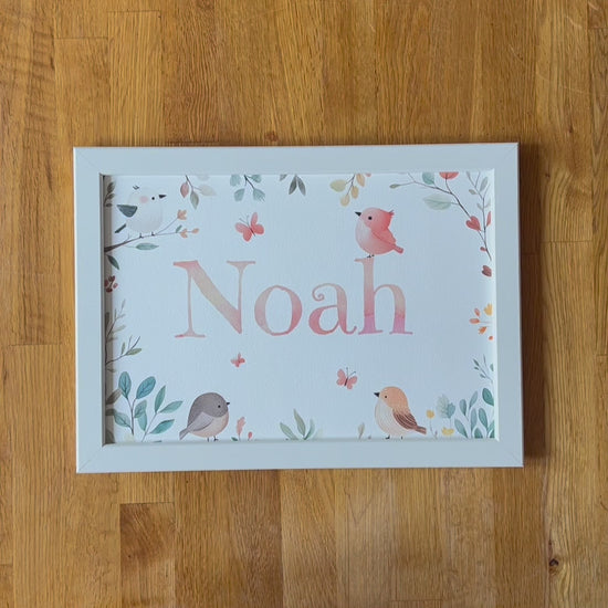 Video of Personalised Framed Children's Name Print in a Woodland Birds Theme