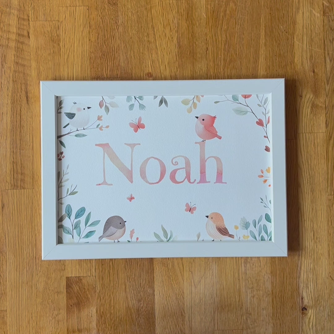 Video of Personalised Framed Children's Name Print in a Woodland Birds Theme