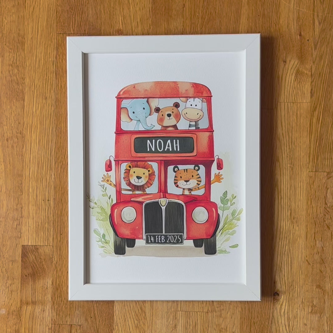 Video of Personalised Framed Children's Name Print of London Bus with Safari and Jungle Animals