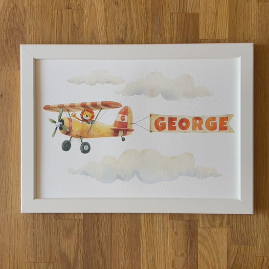 Video of Personalised Framed Children's Name Print with Vintage Airplane and Lion Pilot